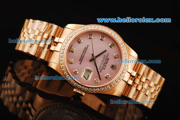 Rolex Oyster Perpetual Datejust Automatic Movement Rose Gold Case and Strap with Pink Dial and Diamond Markers/Bezel - Click Image to Close